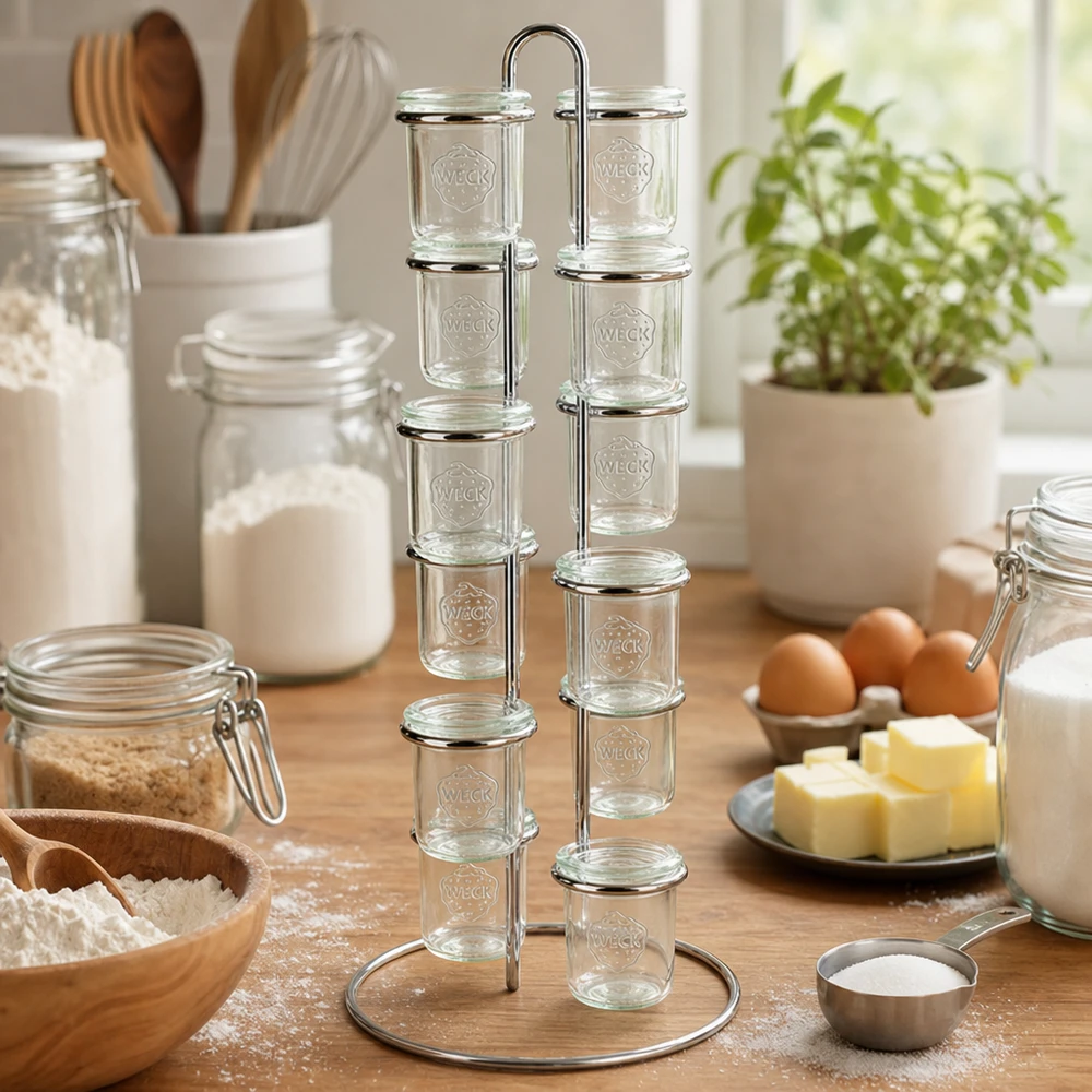 Support de service Vertico12 pour 12 bocal de verre WECK Backzutaten-Organisation mit WECK Vertico12 Gestell umgeben von Mehl Eiern Butter in heller Küche zeigt Backvorbereitung