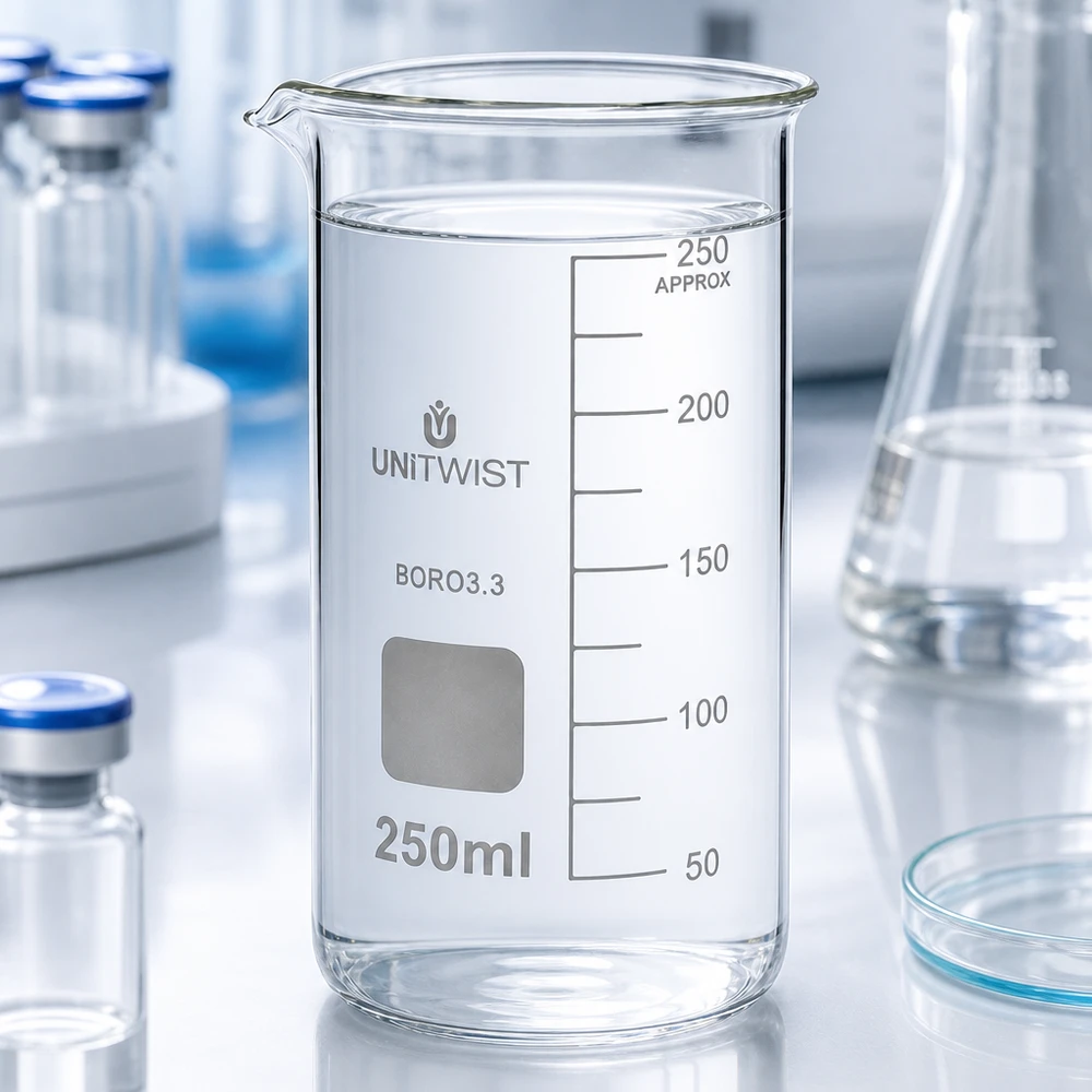 Bécher 250ml borosilicate, forme haute UNITWIST Verre à bec UNITWIST de 250 ml, en borosilicate, forme haute, avec graduation jusqu'à environ 250 ml