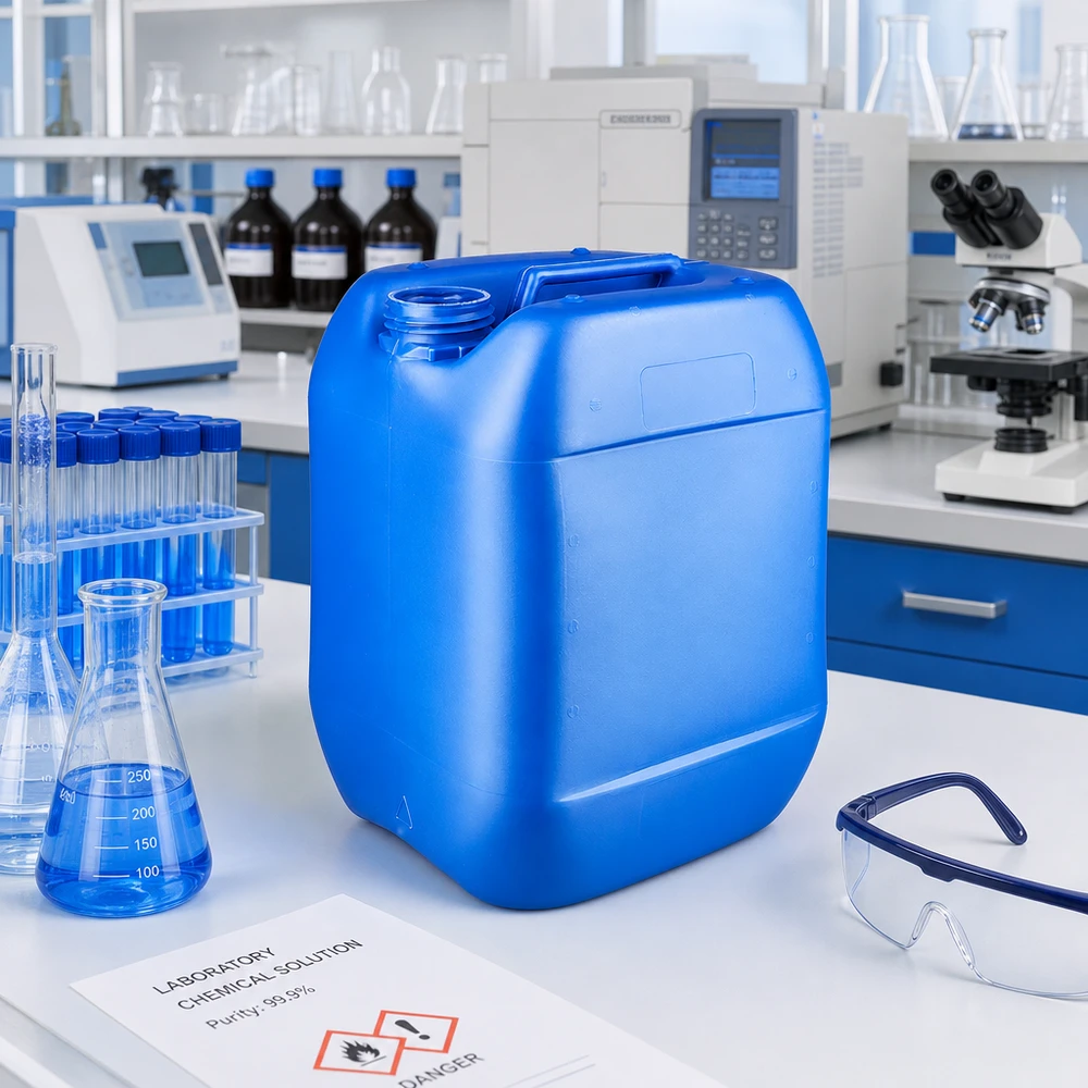 Bidon 10 litres bleu sans bouchon Bidon rectangulaire en plastique de 10 L, bleu, sans couvercle, dans un environnement de laboratoire professionnel