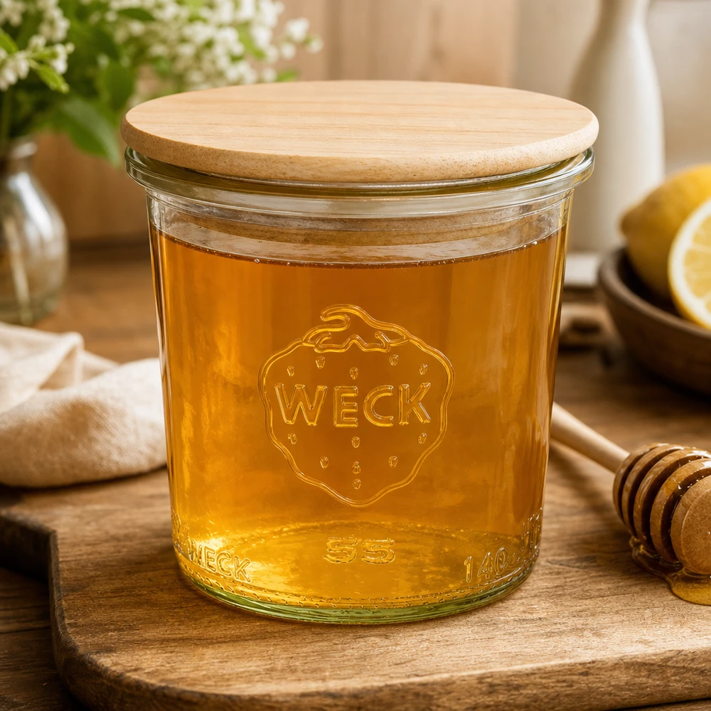 140ml bocal conique WECK RR60 avec couvercle en bois WECK Pot renversé 140ml RR60 rempli de miel avec couvercle en bois montre la polyvalence pour les tartines sucrées