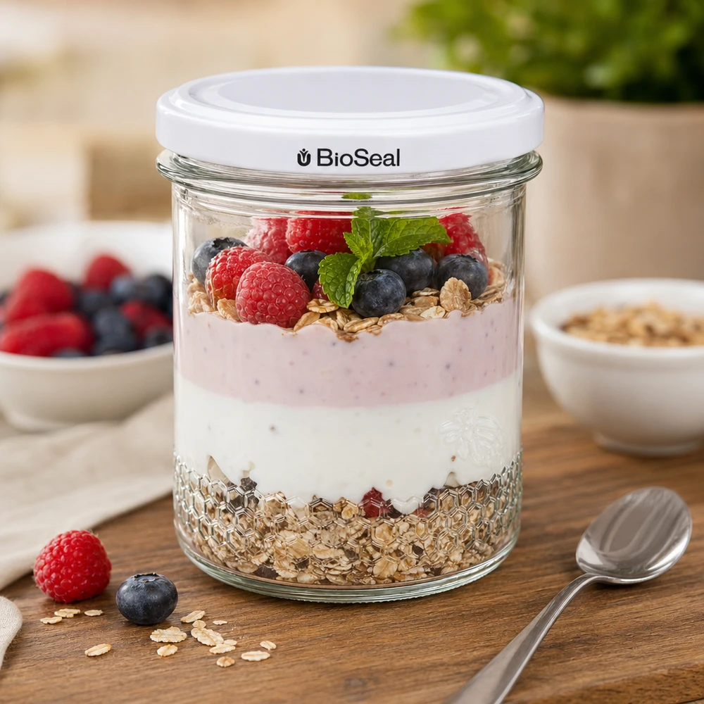 BioSeal pot de miel 400ml comme bol à céréales avec yaourt baies et granola montre une utilisation polyvalente en cuisine