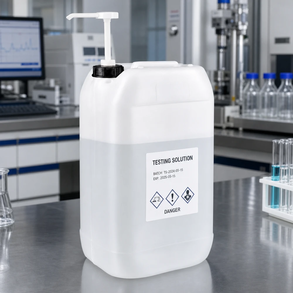 Bidon de 15 litres adapté au contact alimentaire, équipé d'une pompe et portant le marquage « Danger » pour les substances dangereuses