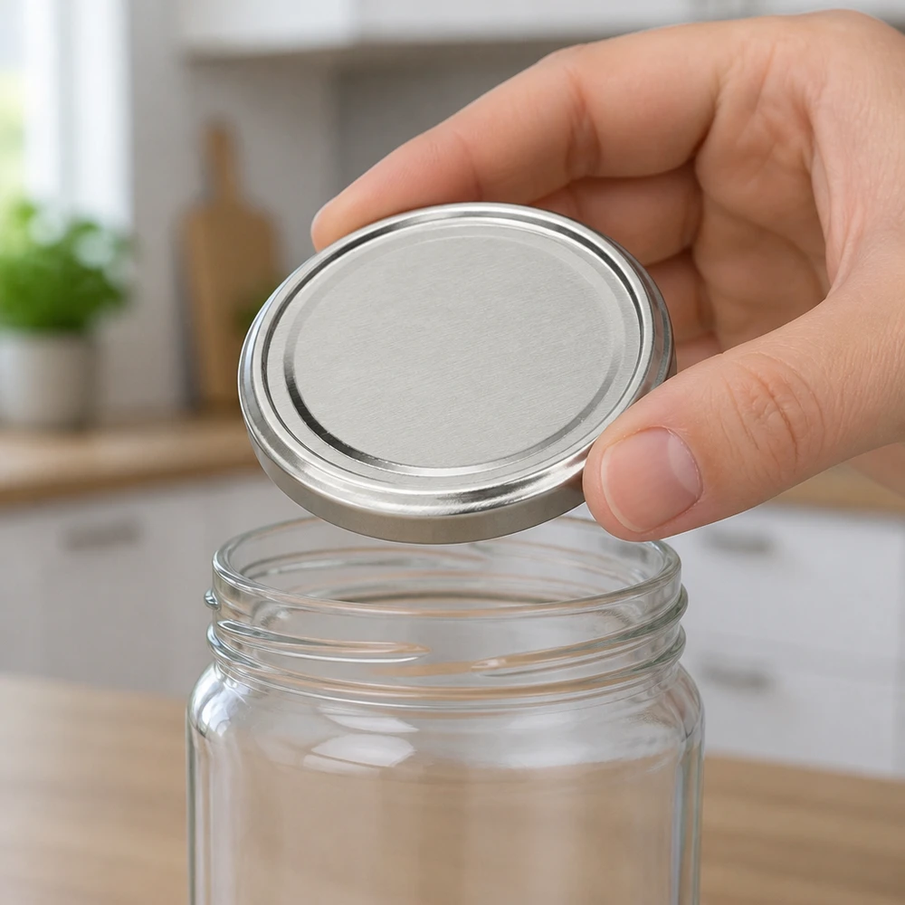 Le couvercle de conserve BasicSeal 66 mm argenté est posé à la main sur un récipient en verre transparent