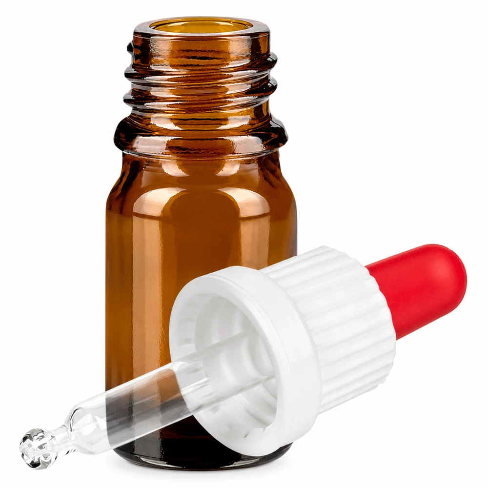 Flacon à pipette 5ml blanc/rouge OV BrownLine UT18/5 Flacon en verre brun de 5ml avec bouchon pipette OV BrownLine UT18/5 pour un dosage précis des liquides