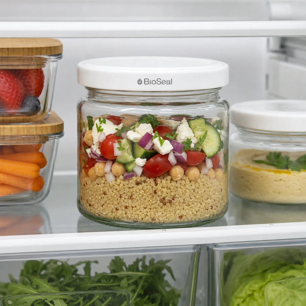 UNiTWIST Runda212 Bocal de stockage dans le réfrigérateur rempli de salade de quinoa montre une utilisation pratique Meal-Prep
