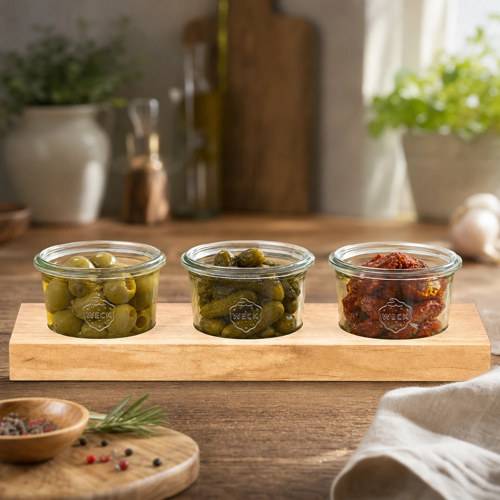 Planche de service en bois élégante avec 3 bocaux Weck remplis d'olives et de tomates séchées dans une cuisine moderne