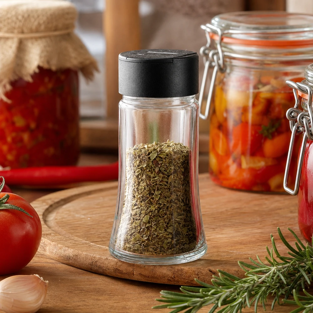 Pot à sel/épices 95 ml avec double saupoudreuse noire Pot à sel et à épices compact de 95 ml avec couvercle saupoudreur noir, idéal pour la cuisine et la préparation des repas