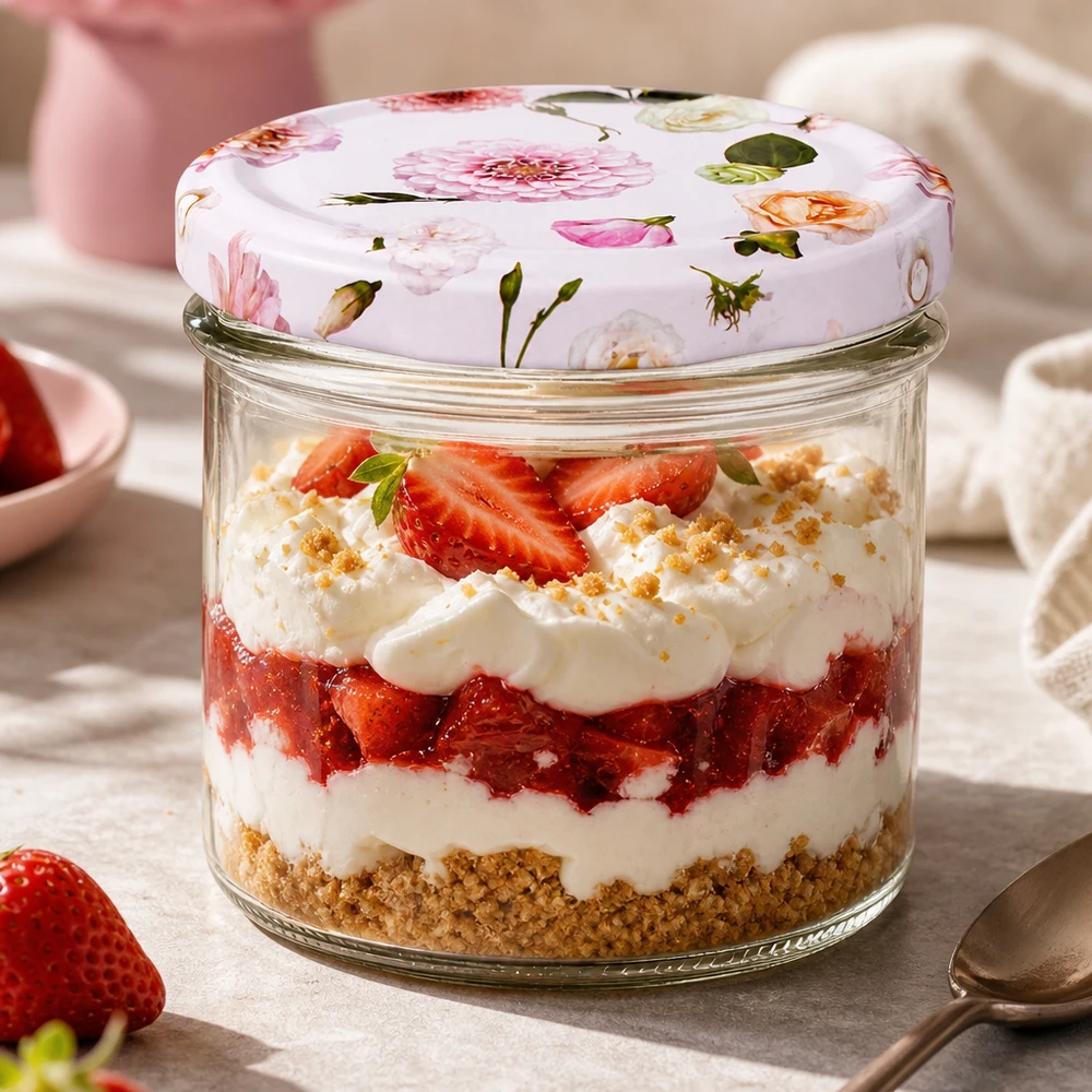 Pot en verre de 225 ml + couvercle BasicSeal rose UN... Dessert Strawberry Cheesecake en pot renversé de 225 ml avec couvercle BasicSeal à fleurs roses - parfait pour les desserts en couches