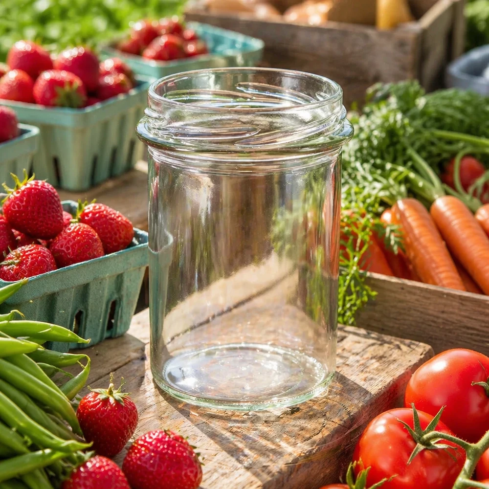 UNiTWIST Sturz230 Verre renversé 230ml TO66 Pot de conserve vide sur planche en bois entouré de fraises fraîches Tomates Carottes