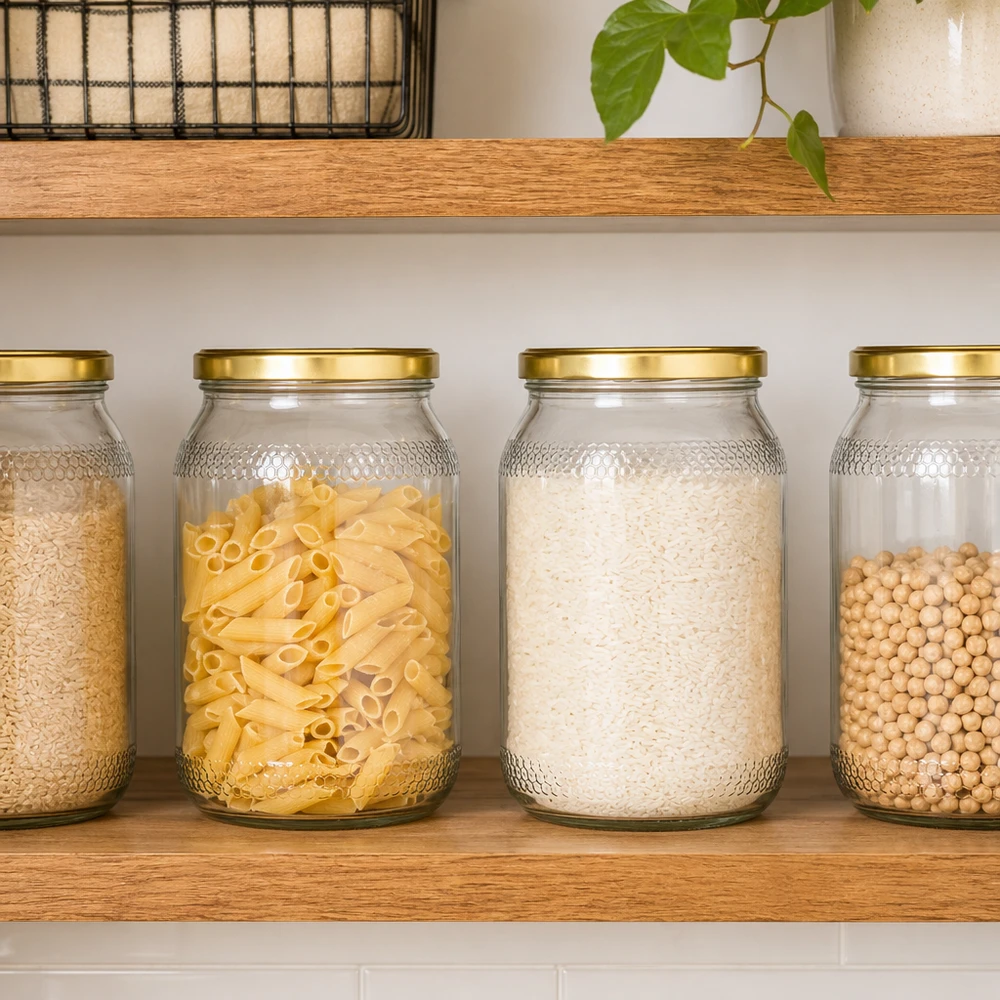 Pots à miel de 900 ml avec couvercles dorés comme boîtes de conservation pour les pâtes, le riz et les légumineuses dans la cuisine moderne