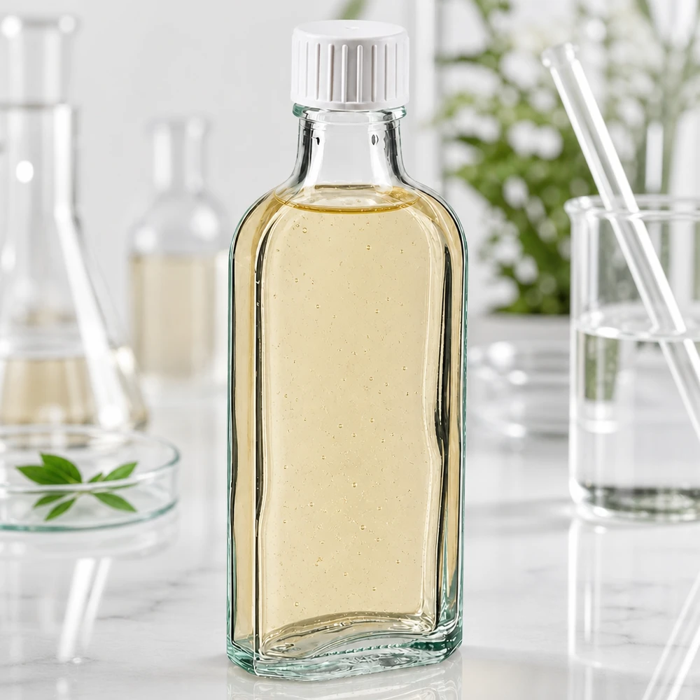 Flacon Meplat transparent de 100 ml avec anneau verseur, rempli d'huile essentielle, parmi du matériel de laboratoire