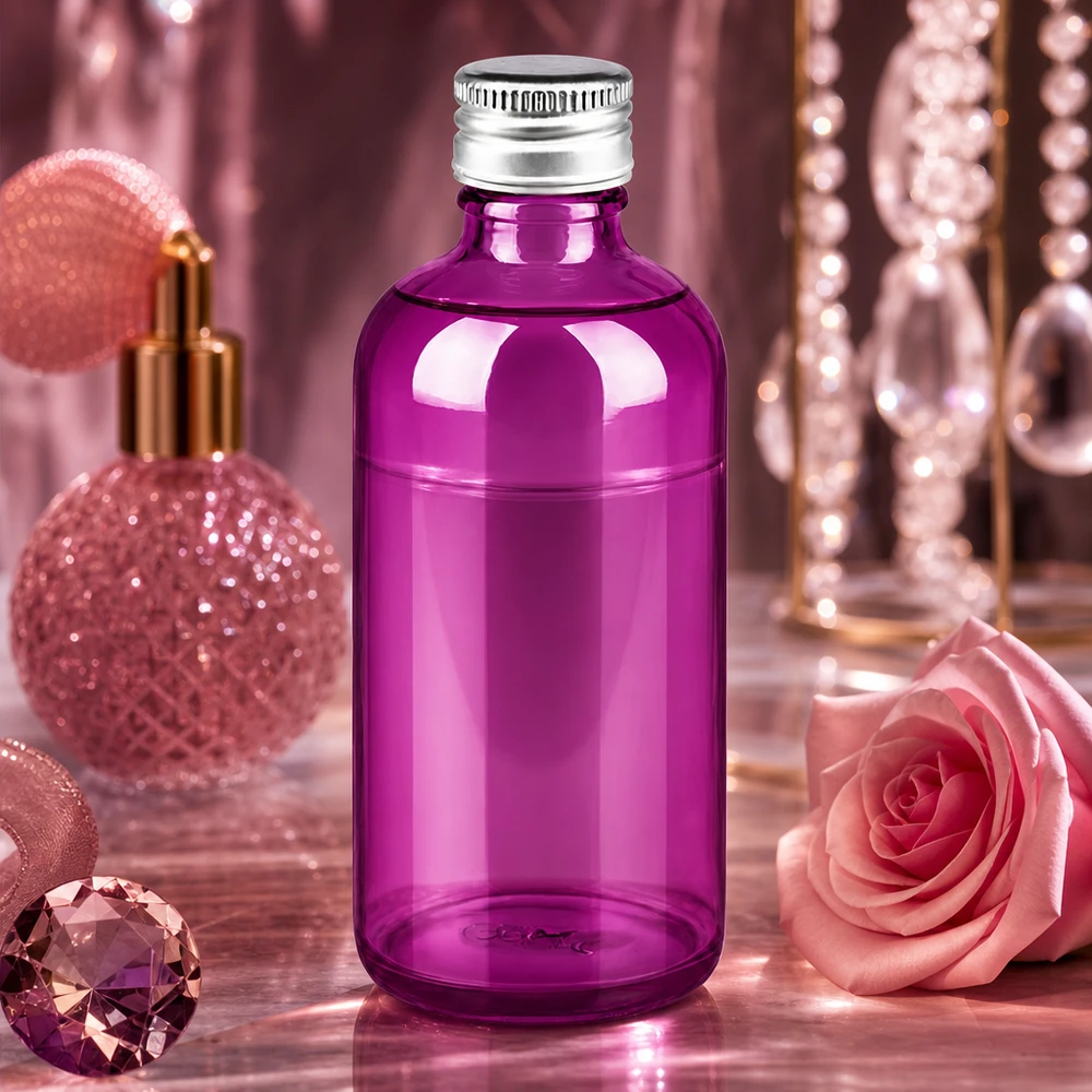 Flacon de 100ml. Bouchon à vis 11mm alu-argent standard PurpleLine. UT18/100 Flacon de pharmacie 100ml violet vif avec bouchon argenté pour l'aromathérapie