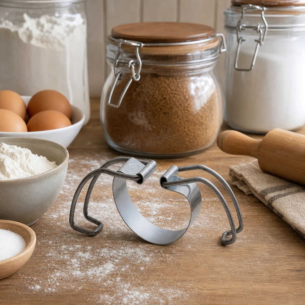 Cintre de mise en conserve RR100 dans un environnement de cuisine avec des ingrédients de cuisson, de la farine, des œufs et des bocaux de stockage sur un plan de travail en bois
