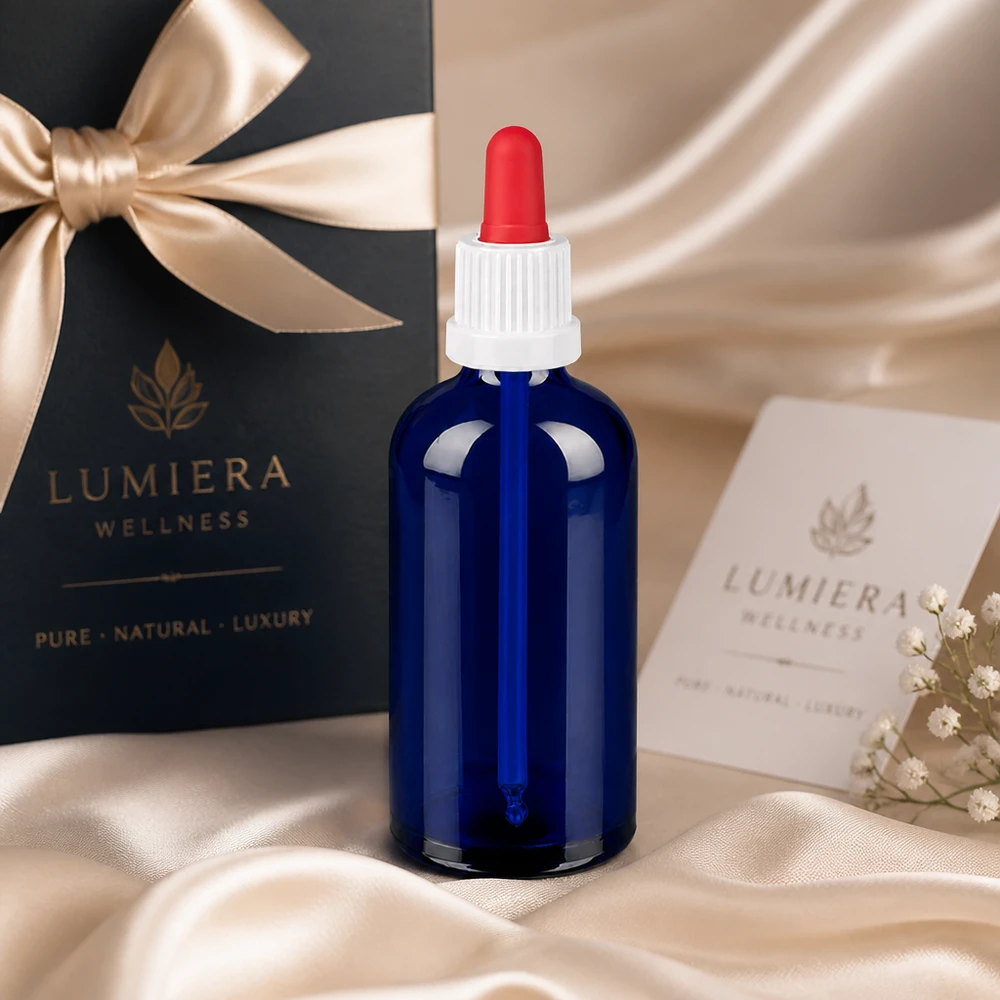 Flacon à pipette 100ml blanc/rouge OV BlueLine UT18/100 Flacon en verre brillant de 100 ml bleu royal avec système de fermeture blanc et rouge contrasté