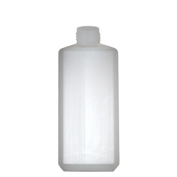 Flacon carré 500 ml en HDPE clair, ND 25 sans bouchon Flacon carré 500 ml en HDPE clair, ND 25 sans bouchon