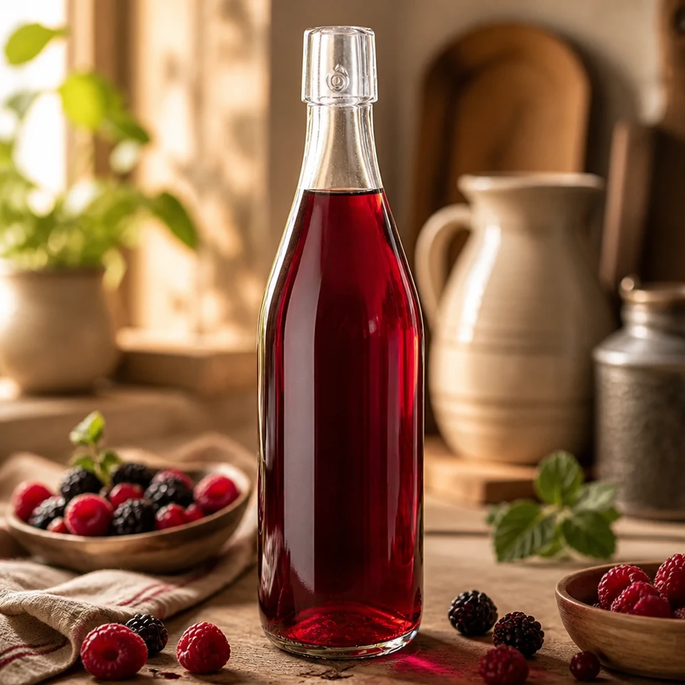 Bouteille en verre de 500 ml sans bouchon mécanique UNiTWIST Bouteille en verre de 500 ml UNiTWIST remplie de jus de baies rouges pour une application lifestyle dans une cuisine rustique