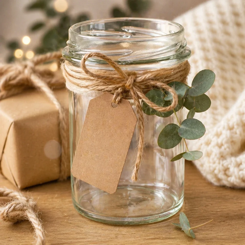 Verre renversé vide 230ml TO66 décoré avec une étiquette cadeau en jute et de l'eucalyptus sur une table en bois