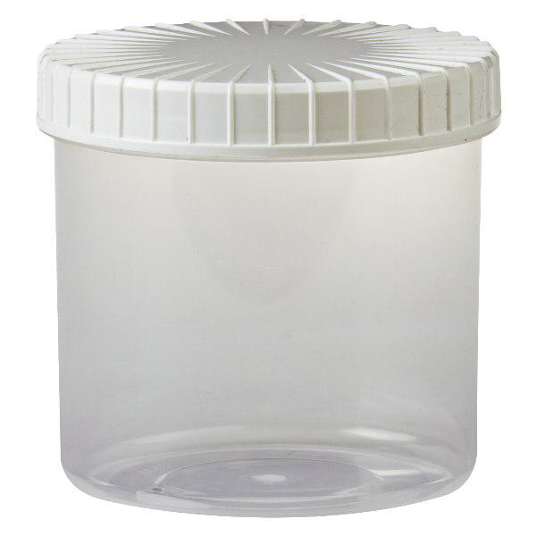 Pot en plastique transparent 375 ml + couvercle à vis blanc strié en PE, fermeture standard