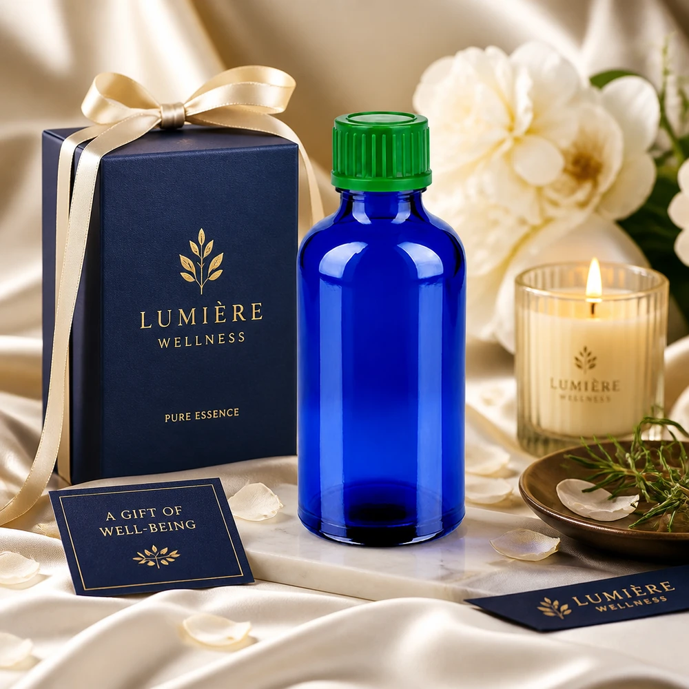 Flacon de 50ml 11mm SV vert STD BlueLine UT18/50 Flacon en verre bleu de 50ml avec bouchon standard vert idéal pour les cosmétiques et les mélanges DIY