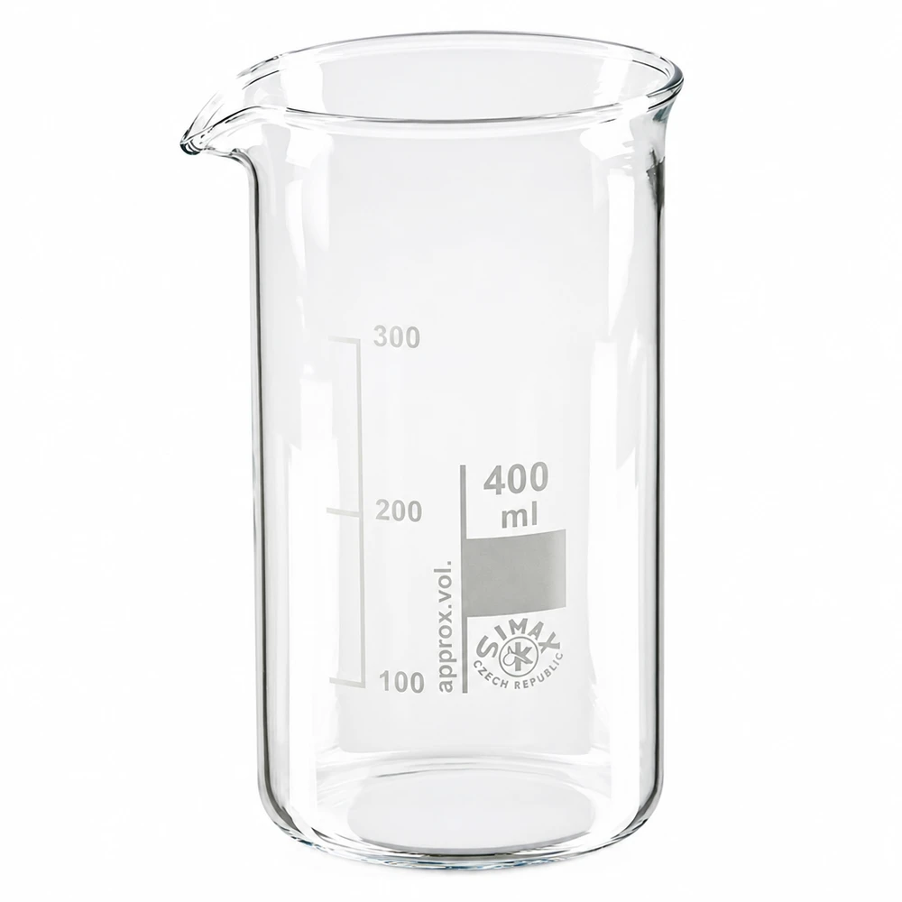 Bécher 400ml en verre borosilicate résistant à la chaleur (forme haute) Verre de laboratoire haut de 400 ml en borosilicate transparent, muni d'une échelle graduée pour un dosage précis des liquides