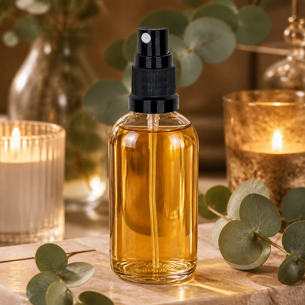 Flacon pulvérisateur ClearLine UT18/100 de 100 ml rempli d'huile d'or, avec diffuseur noir, dans un décor de bien-être
