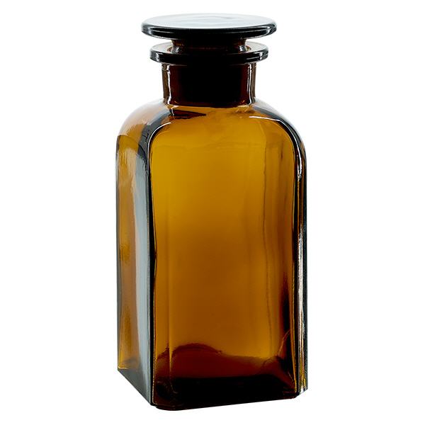 Flacon carré col large 350 ml + bouchon RIN, verre ambré Flacon carré col large 350 ml + bouchon RIN, verre ambré