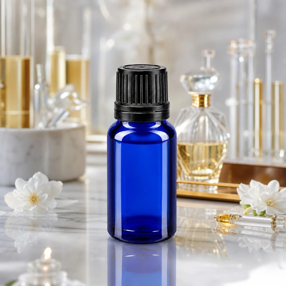 Flacon de pharmacie de 10 ml, bleu cobalt, muni d'un compte-gouttes de précision de 1 mm et d'un bouchon à vis inviolable