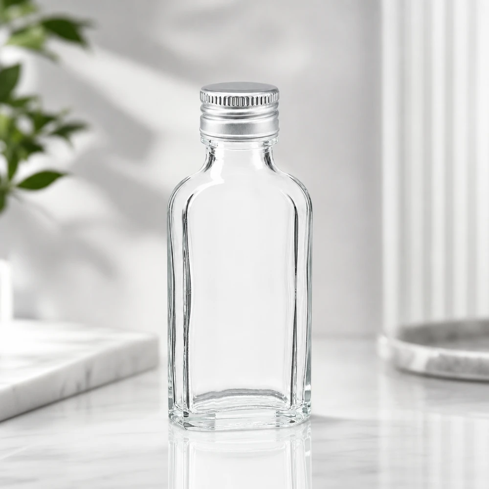 Flacon en verre rectangulaire vide de 50 ml avec bouchon en aluminium PP22 pour produits cosmétiques et de soin