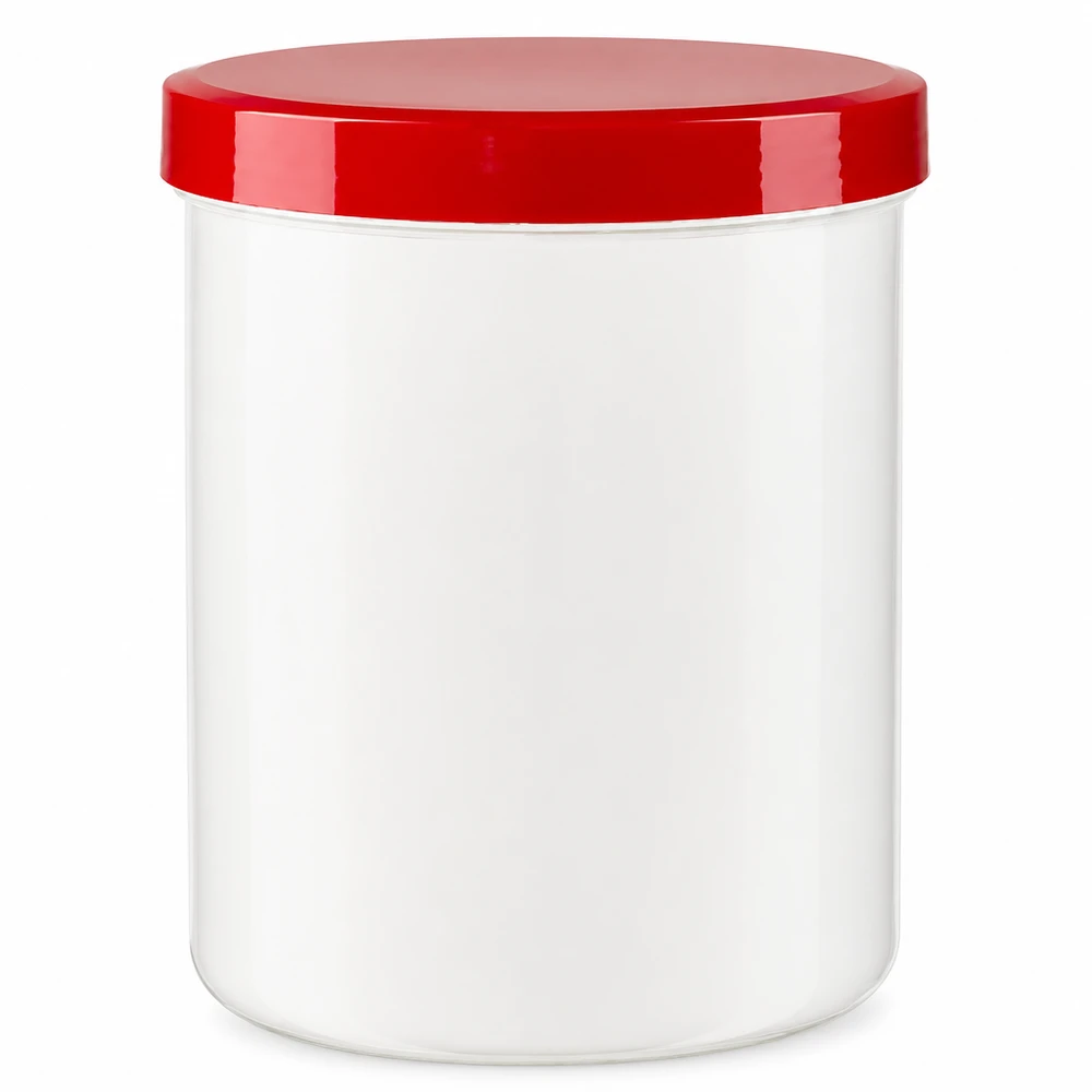 Pot à pommade en PP de 1 000 g, blanc, de forme ronde, avec un bouchon à vis rouge