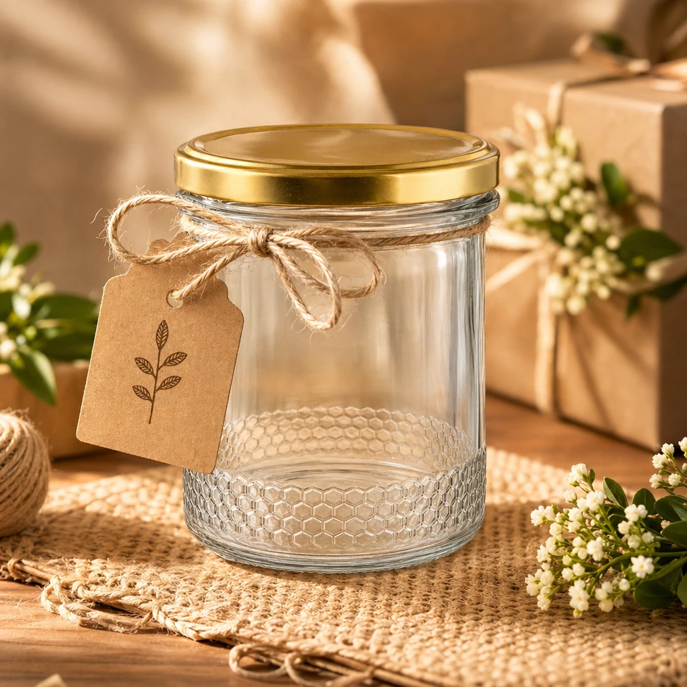 Pot de miel de 400 ml avec couvercle BasicSeal or UNiTWIST et étiquette cadeau sur table en bois rustique avec décoration en jute