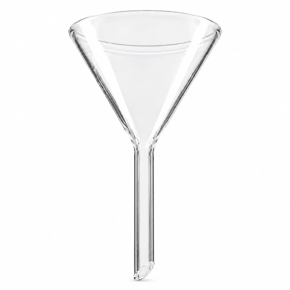 Entonnoir Ø 50mm - verre sodocalcique - angle 60° Entonnoir en verre de 50mm de diamètre en verre sodocalcique avec un angle de 60 degrés et un style court