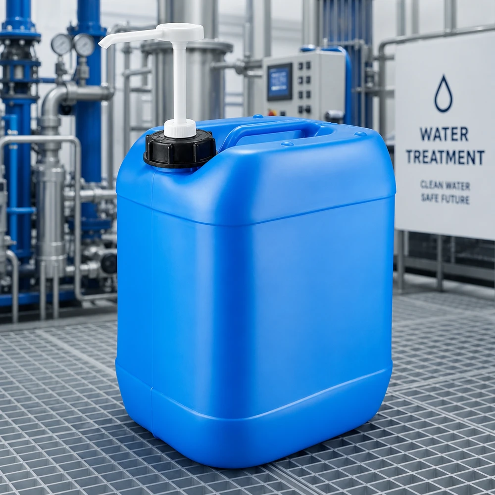 Bidon en plastique bleu de 20 litres avec pompe intégrée, posé sur un fond grillagé, installation industrielle