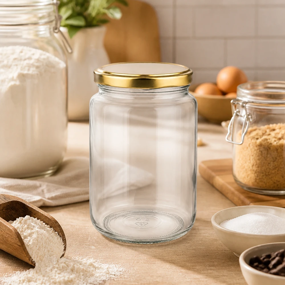 Bocal rond vide de 795 ml avec couvercle BasicSeal doré dans une ambiance de cuisine avec farine et ingrédients de cuisson sur une planche en bois
