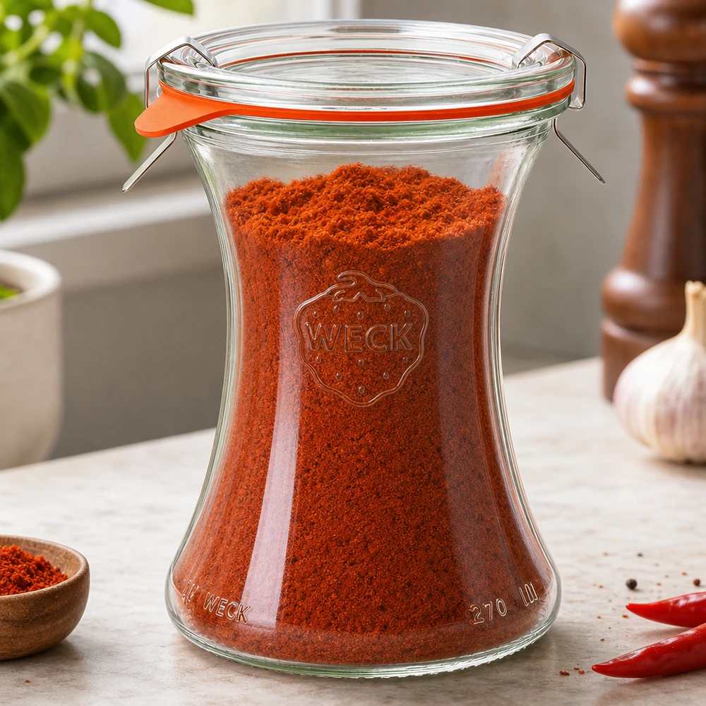 Bocal en verre de 370 ml, modèle WECK RR80 complet WECK Pot pour délicatesses 370ml RR80 rempli de poudre de paprika rouge Conservation des épices dans l'environnement de la cuisine