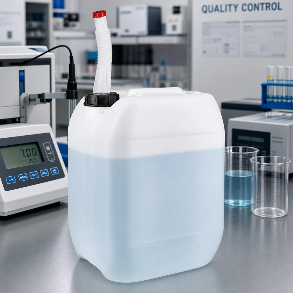 Bidon en plastique blanc de 10 L avec bec verseur orientable pour un dosage précis dans un laboratoire de contrôle qualité