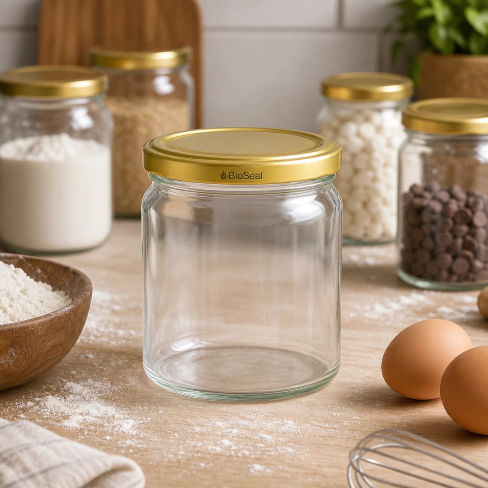 408ml Verre rond avec couvercle BioSeal or UNiTWIST UNiTWIST Runda408 bocal vide avec couvercle TO82 BioSeal doré dans cuisine avec ingrédients de boulangerie farine œufs et bocaux à provisions