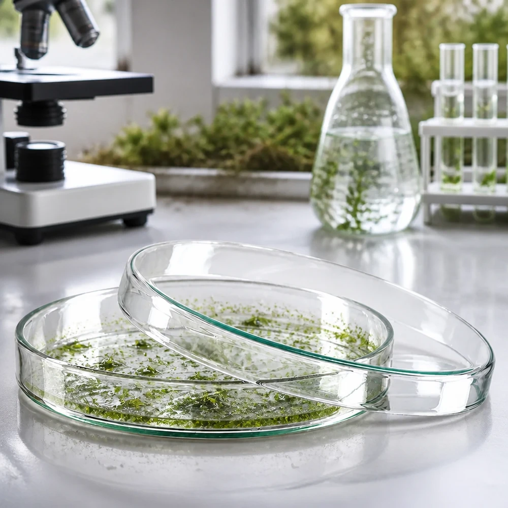 Boîte de Petri en verre 120x20 mm Boîte de Pétri en verre, plate et ronde, de 120 mm de diamètre et 20 mm de hauteur, contenant du matériel végétal dans un laboratoire scientifique