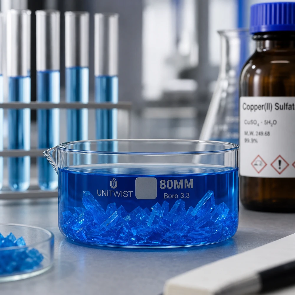 Cuve de cristallisation UNiTWIST Boro 3.3 avec une solution bleue et des cristaux dans un laboratoire de chimie