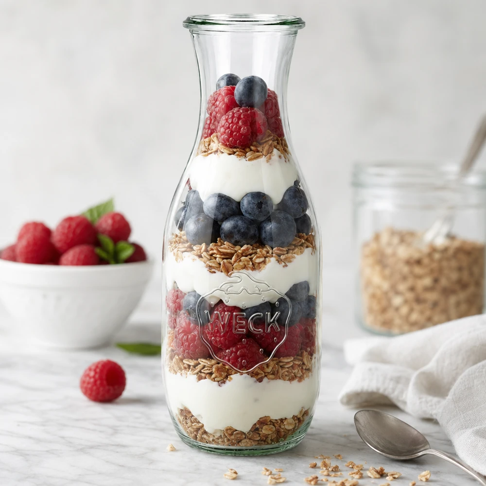 WECK Bouteille de jus 1062ml RR60 comme verre à parfait avec yaourt baies granola en couches à côté de cuillères et de fruits
