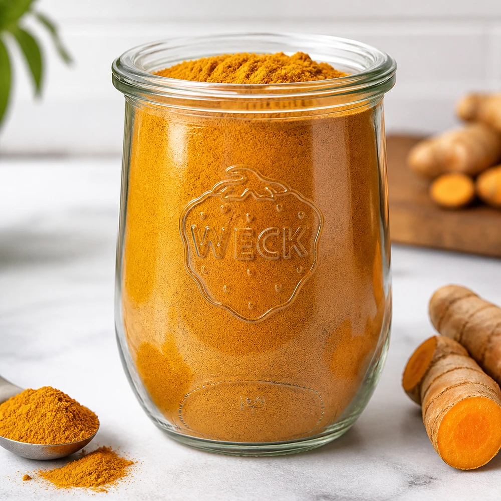 WECK Pot tulipe 1062ml RR100 rempli de poudre de curcuma à côté de racines de curcuma fraîches Conservation d'épices cuisine