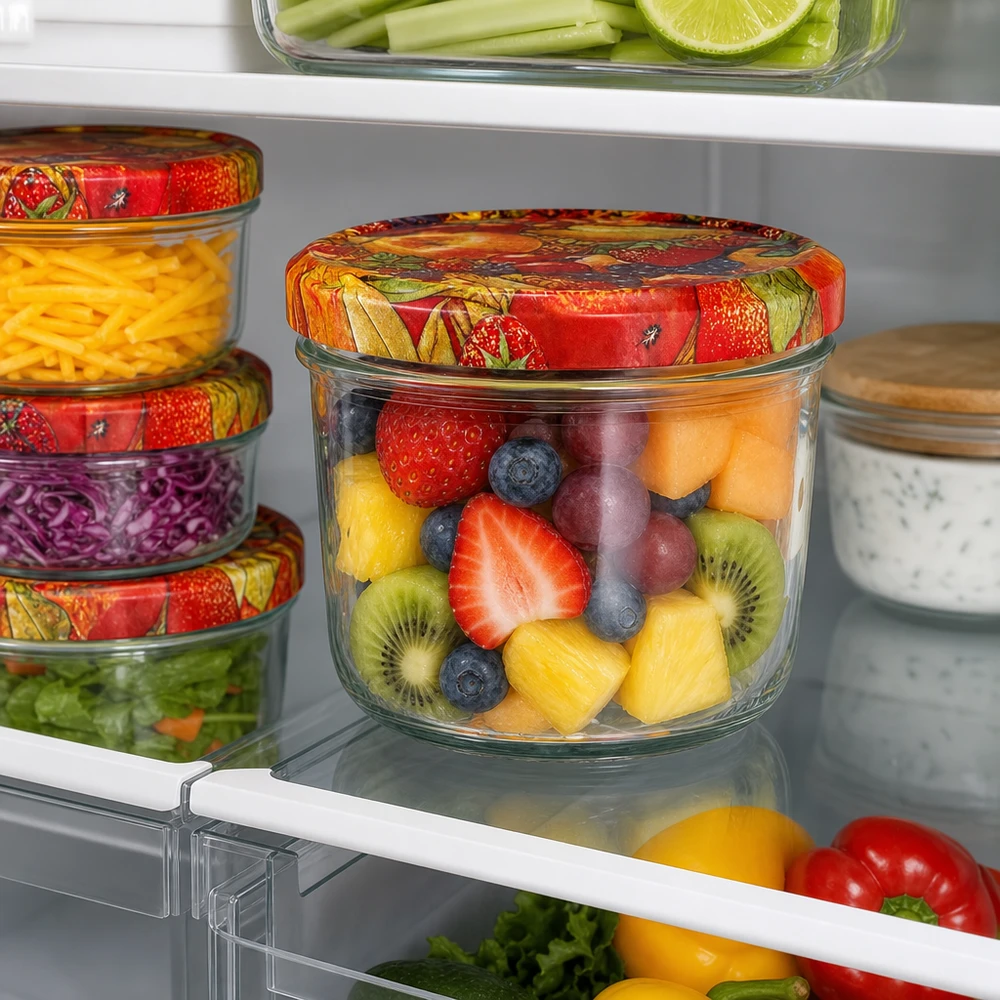 Verre renversé de 230 ml avec couvercle coloré BasicSeal décor fruits rempli de salade de fruits frais conservée au réfrigérateur