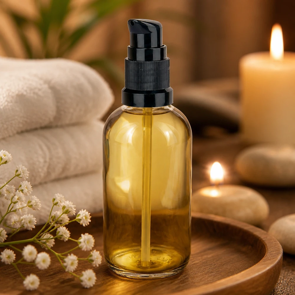 Flacon en verre de 100 ml couleur ambre avec pompe doseuse noire – Huile de massage, bougies, bien-être, spa