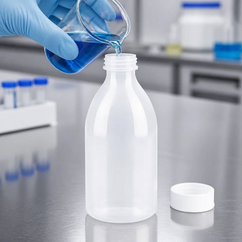 Flacon à col étroit de 250 ml avec bouchon à vis, posé sur une table en acier inoxydable à côté de tubes à essai dans un laboratoire