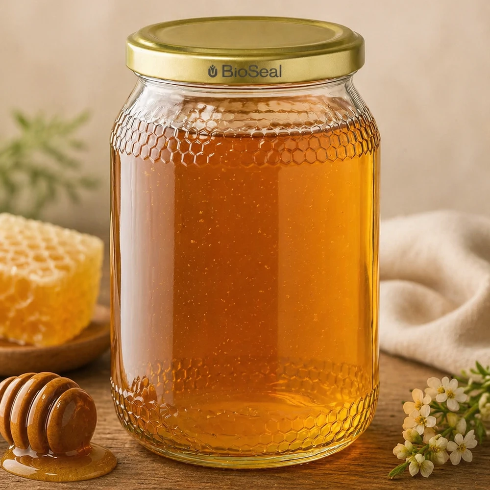 Pot à miel de 900ml rempli de miel doré BioSeal couvercle aspect nid d'abeille dipper à miel fleurs table en bois matériel d'apiculture