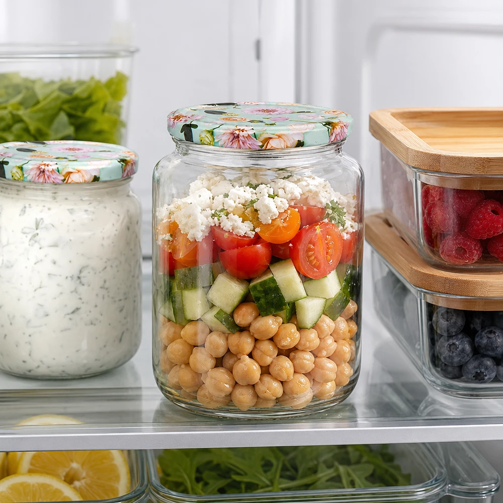 Bocal rond de 795 ml avec couvercle à fleurs menthe dans le réfrigérateur, rempli de salade de pois chiches entre les récipients Meal-Prep