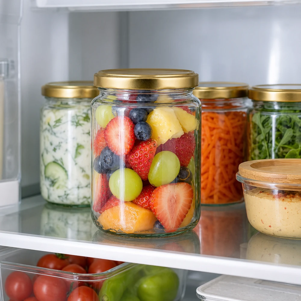 Pot à miel 450 g avec couvercle doré BasicSeal UNiTWIST 450g Honigglas BasicSeal im Kühlschrank mit Früchten gefüllt zeigt praktische Aufbewahrung für frische Lebensmittel