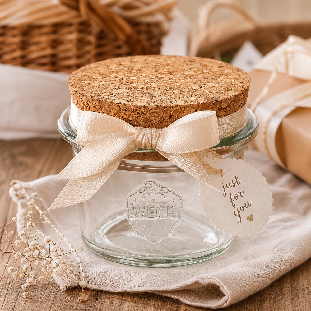 35ml bocal conique WECK RR40 avec bouchon nature WECK Pot renversé RR40 35ml avec bouchon comme emballage cadeau avec ruban et pendentif arrangé de manière décorative