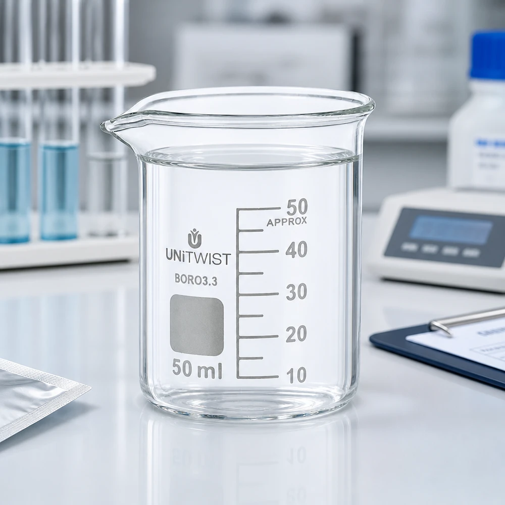 Bécher 50ml borosilicate, forme basse UNiTWIST Verre à bec de 50 ml, forme basse et prise en main aisée, en borosilicate 3.3 UNiTWIST, avec graduation jusqu'à 40 ml (environ)