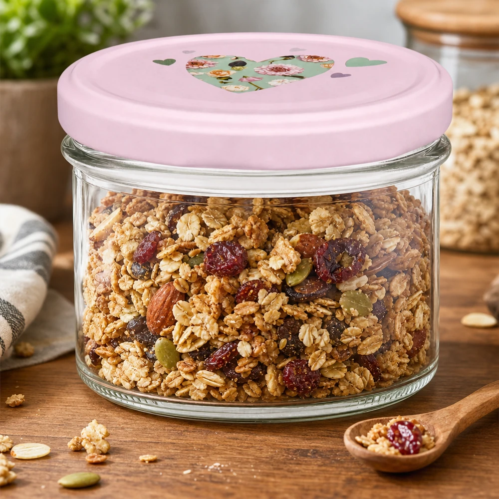 Verres de 225 ml + couvercle BasicSeal cur rose UNiTWIST Bocal de 225 ml avec couvercle en forme de cœur rose rempli de céréales et de noix comme bocal de réserve sur une table en bois