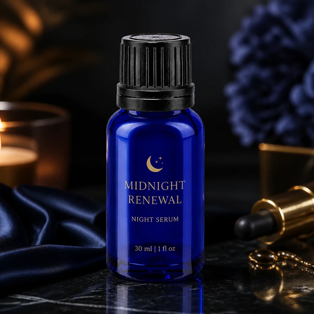 Flacon en verre bleu cobalt de 10 ml avec bouchon à vis strié, destiné aux sérums de nuit et aux produits cosmétiques